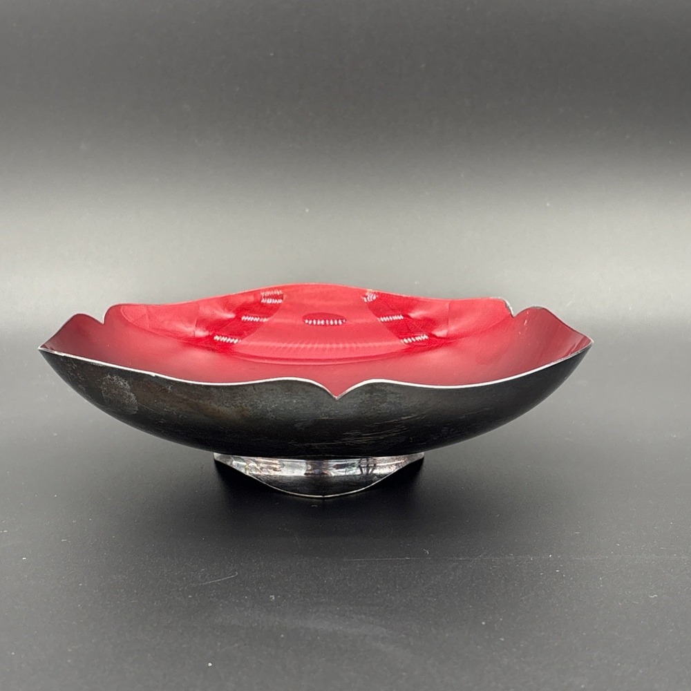 Vintage Hans Jensen Silverplate Pedestal Bowl Red Enamel Interior Denmark MCM